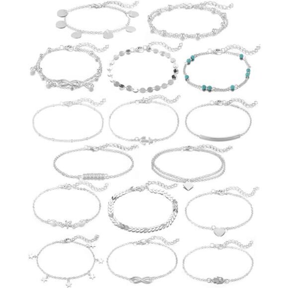 Jewelry - Softones 16Pcs Ankle Bracelets for Women Gold Silver Two Style Chain Beach